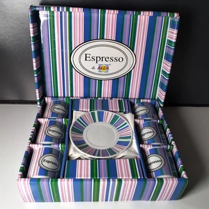 6x Espresso Tassen mit Untersetzter in OVP Espresso "di Alca" Made in Italy bunt - Bild 1 von 5
