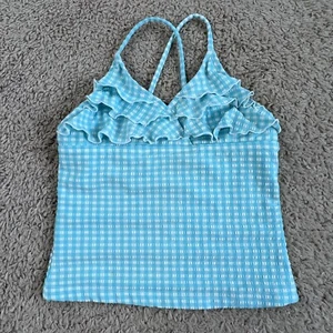 TOMMY BAHAMA Aqua Blue White Check Print Ruffle V-Neck Swim Tankini Top Girls 6 - Picture 1 of 11