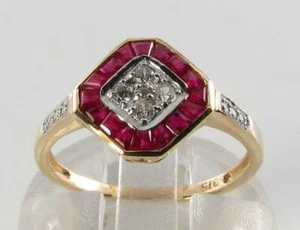 9K 9CT GOLD INDIAN RUBY DIAMOND CLUSTER ART DECO INS FRENCH CUT RING FREE RESIZE - Picture 1 of 5