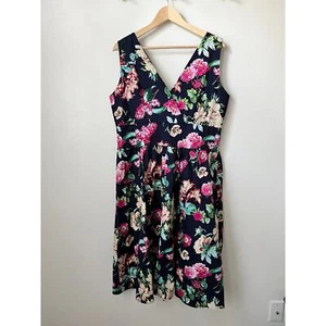 Floral print navy blue dress midi retro summer vibe sleeveless deep v front XXL - Picture 1 of 4