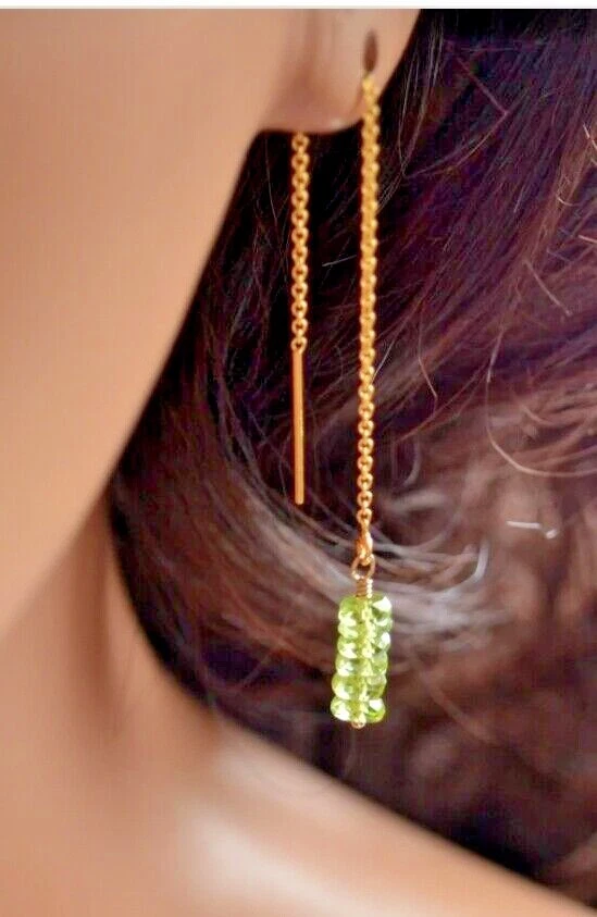 Natural Peridot Beads 925 Sterling Silver Gold plated Threader Earrings - Image 1 of 2