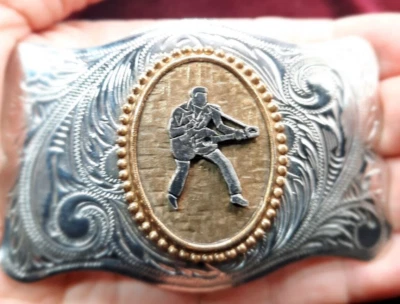 Elvis Presley Belt Buckle Playing Guitar Silver Gold Toned Belt Buckle - Image 1 of 4