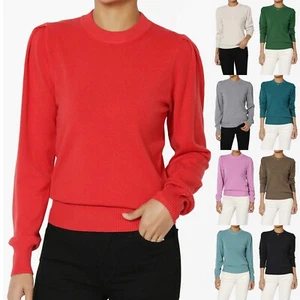 TheMogan Women's Pleated Shoulder Long Sleeve Crew Neck Knit Top Soft Sweater - Picture 1 of 68