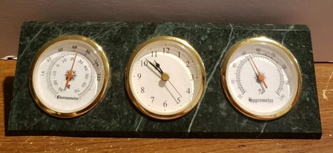 Vintage Heavy Desk Top Clock Green Marble Quartz Clock Thermometer Hygrometer Cover