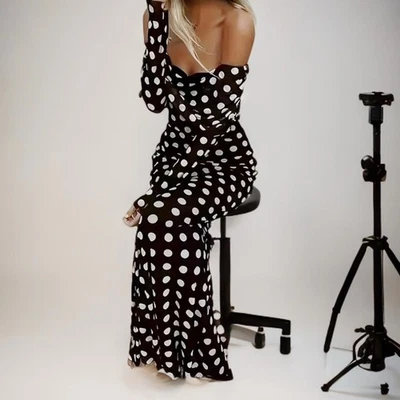 NEW Boutique | SZ S | Off Shoulder Black White Polka Dot Bodycon Maxi Dress - Image 1 of 4