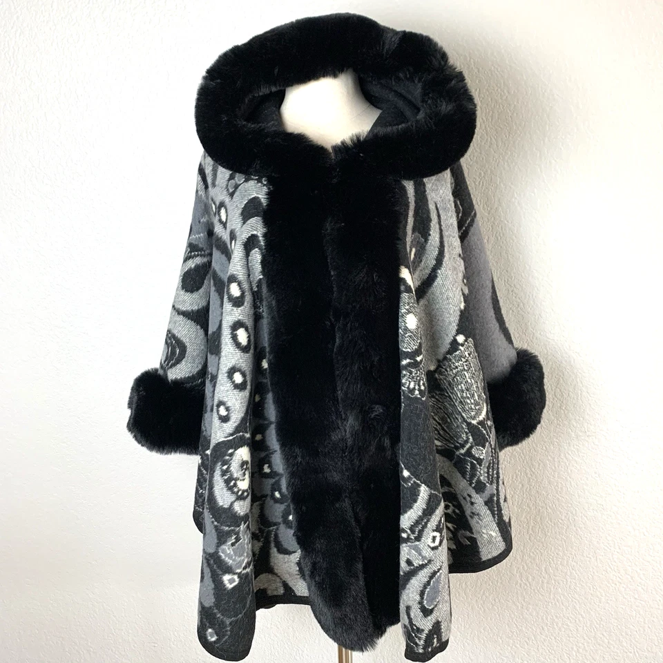 Poncho con capucha para mujer talla única ribete de piel sintética negro gris estampado floral nuevo con etiquetas Foto 1 de 4