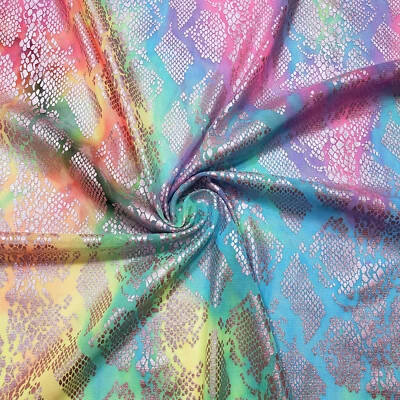 Sheer Tie Dye Rainbow Bright Color Gradient Mesh with Silver Lurex Snake Scales - Image 1 of 4