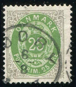 DENMARK SC#32 25o Gray & Green P 14x13½ CV $40.00 - Picture 1 of 4