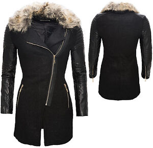 Damen Mantel mit Kunstleder Ärmel Fellkragen Damenjacke Schwarz Winter D-86 NEU