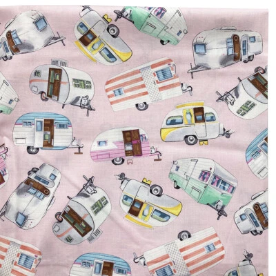 Quilting Cotton Fabric 0.85 yd Retro Vintage Campers Trailers Camping Pink Multi - Image 1 of 3