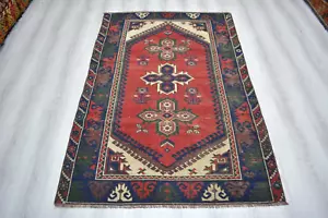 Red Geometric Turkish Vintage Rug, 3.9x5.8ft, Handknotted Antique Anatolian Rug, - Picture 1 of 11