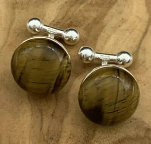 New Handmade Cufflinks Brown Tiger Eye Cabochon Gemstone Sterling Silver 925 - Picture 1 of 5