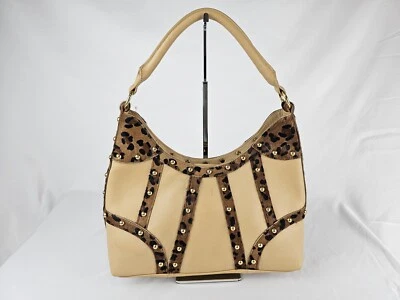 Beverly Feldman Leather Purse With Faux Fur Trim, Large, Tote, Studded, Beige - Image 1 of 4