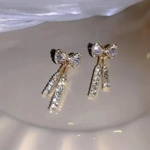 Women Bow Zircon Crystal Earrings Shinny Fashion Gift Trendy Sparkling Unique - Picture 1 of 5