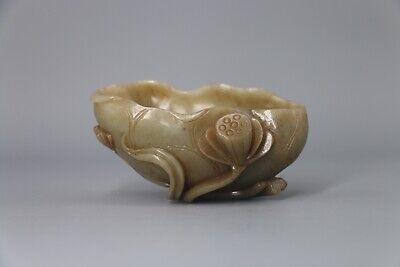 Chinese Old Qing Dy Green Jade Carved Lotus Flower Seedpod Figure Brush Washer • 1,980$