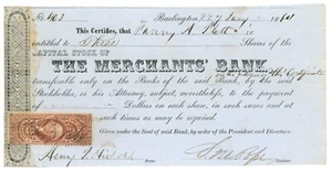 1864 Merchants Bank Burlington Vermont VT Certificato di Stock - Rilasciato (64084OZ) - Foto 1 di 2