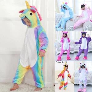 Mädchen Einhorn Schlafanzug Nachtwäsche Kapuze Jumpsuit Strampler Overall Neu, - Bild 1 von 18