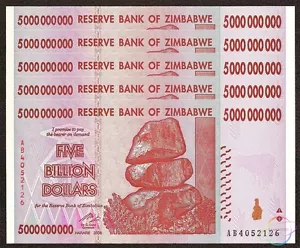 ZIMBABWE 5 mil millones de dólares X 5 piezas 2008 Paquete P-84 1/20 AU-AUNC - Imagen 1 de 2