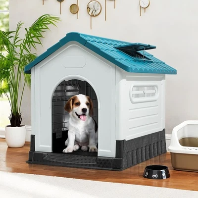 Casa plegable para perros al aire libre refugio de plástico tamaño pequeño con claraboya y base elevada Foto 1 de 4