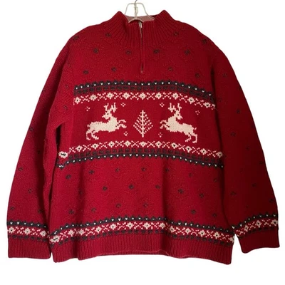 Suéter De Colección Lands End Hombres XL Rojo Lana Ciervos Nórdicos Fair Isle Exterior Foto 1 de 4