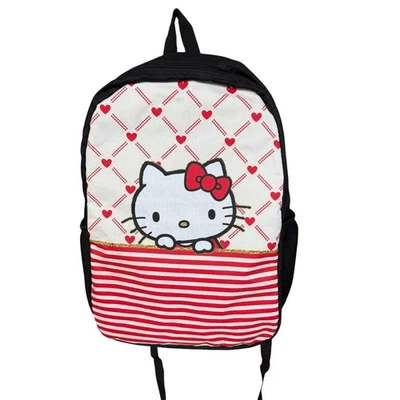 Sanrio Hello Kitty Backpack Red White Hearts Stripes Front Pocket School Bag - Image 1 of 4
