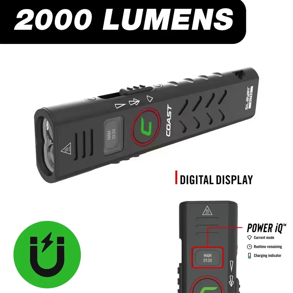 COAST Slayer Ultra 2000 Lumens USB-C Rechargeable EDC Flashlight Magnet Tactical