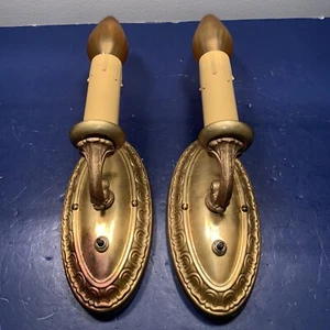 Antique Yellow & Red Brass Wall Sconce Fixtures Pair Great Patina 78D - Picture 1 of 3
