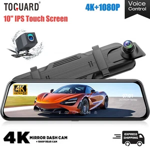 TOGUARD 10" Mirror 4K Dash Cam Front and Rear Dual Car DVR Camera Voice Control - Picture 1 of 7