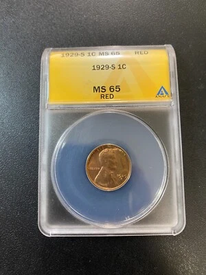 1929 S WHEAT CENT ANACS MS-65 RD - UNCIRCULATED - WHEAT PENNY - CERTIFIED - 1C - Image 1 of 2
