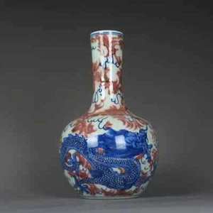 8"" China antike alte Qing Kangxi blau weiß Unterglasur rot Drachenmuster Vase - Bild 1 von 5