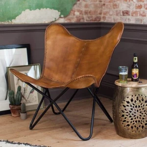 Realaxing Chair Butterfly Leather Vintage Brown Handmade With Stand For Home - Picture 1 of 4