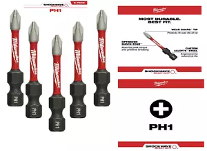 Milwaukee SHOCKWAVE Impact Duty 2 in. Phillips #1 Steel Screw Driver Bit 5Pk - Picture 1 of 8