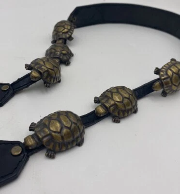 Vtg Women's Belt Large Brass Turtles & Black Leather Statement Y2K Bohemian  - Image 1 of 4