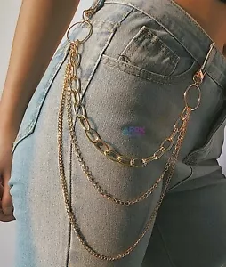 Cintura catena metallo vita oro punk jeans clip portachiavi 3 strati pantaloni pantaloni - Foto 1 di 3