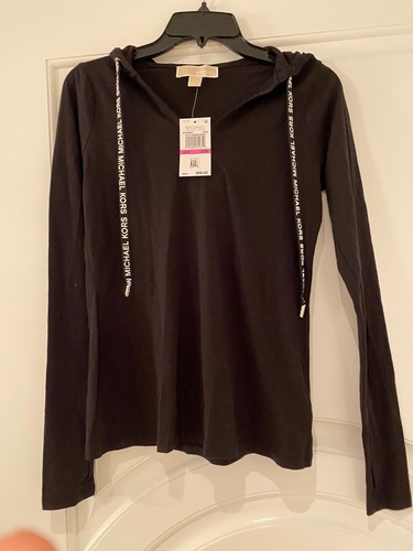 Felpa donna Michael Kors nera con cappuccio MF150D86TF metallo punta cravatta logo accento taglia XXS