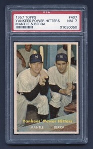 1957 MICKEY MANTLE YOGI BERRA TOPPS PSA 7 NM POWER HITTERS HOF YANKEES #407 RZC