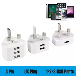 Dual Three Ports USB Charger 3 Pin UK Mains Wall Plug Adapter For Phones Tablets - Picture 1 of 9