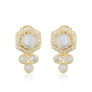 Rainbow Moonstone 18K Gold Plated 925 Sterling Silver Stud Earrings Jewelry - Picture 1 of 3