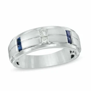 Vera Wang Men's Princess Lab-Created Diamond & Sapphire Wedding 925 Silver Ring - Picture 1 of 3