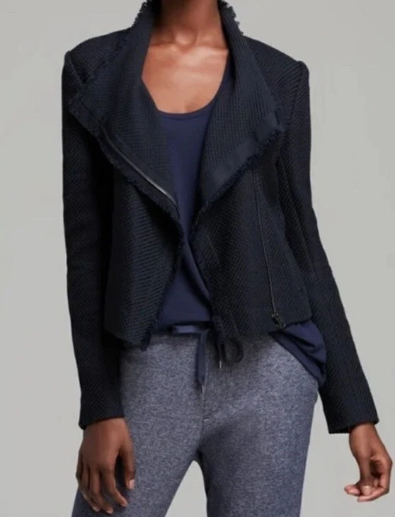 Chaqueta de moto de buceo Vince negra con borde deshilachado de tweed cremallera completa para mujer talla pequeña Foto 1 de 3