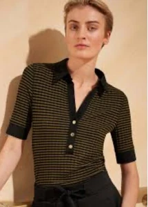 ME+EM Ripp Polo Top 16 44 Halbarm Jersey Strick Komfort Freizeit Khaki Schwarz - Bild 1 von 11