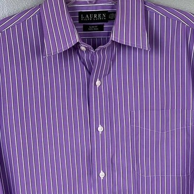 Lauren Ralph Lauren Black Tag Purple Stripe Slim Fit No Iron 161/2 34-35 Shirt - Image 1 of 4