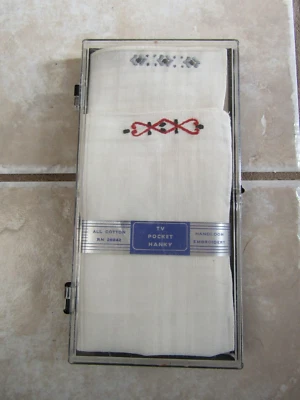 NOS Original Vintage Cotton Embroidered TV Pocket Hanky- W/ Case - Image 1 of 4