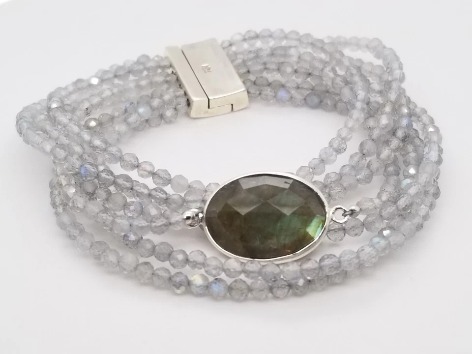 Brazalete magnético de LABRADORITA en capas de 7 hebras de plata de ley con piedras preciosas Jay King Foto 1 de 4