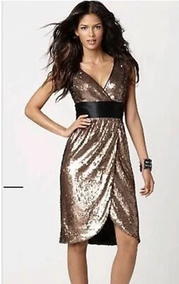 BCBGMAXAZRIA TAUPE Black Reeve Dress Womens Size XXS Sequence Tie Waist NEW $468 - Image 1 of 4