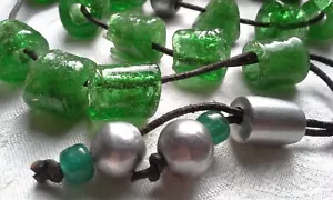 Vintage Venetian Green Glass Mala Prayer Trade Necklace Pewter Silver Bead - Picture 1 of 11