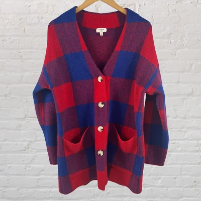 Abrigo Suéter Umgee Mujer Talla Pequeña Botón Delantero Azul Rojo Cuadros Largo Cuello en V Foto 1 de 4