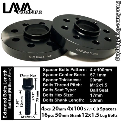 4PC 20MM THICK 4X100 57.1MM C.B WHEEL SPACER+12X1.5 BOLT FIT VOLKSWAGEN AND MORE - Image 1 of 2