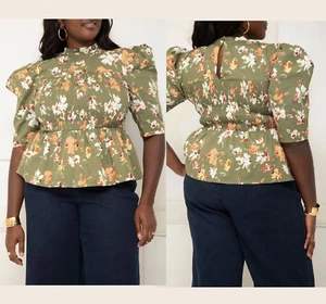 New ELOQUII Peplum Top Blouse Smocked Babydoll Puff Sleeve Floral Cottagecore 26 - Picture 1 of 11