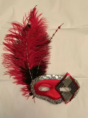 Mardi Gras Parade Carnival Feather Eye Mask Red Black Masquerade on Glasses - Image 1 of 4